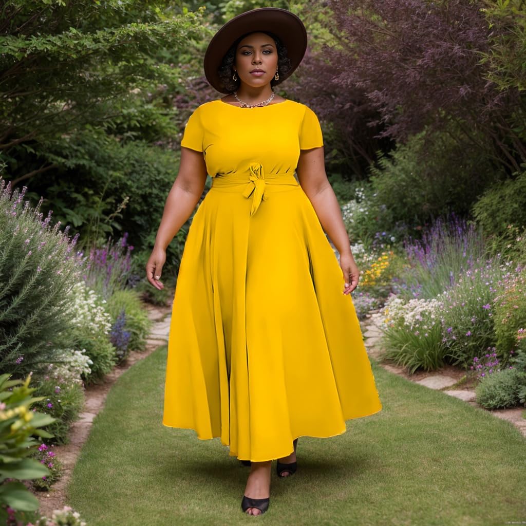 Women Plus Size Casual A Line Maxi Dress Self Tie Waist with Pockets Elegant Round Neck Short Sleeve Long Swing Dress Yellow - Image 5