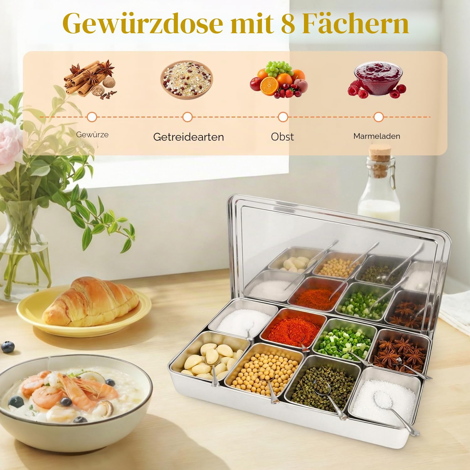 Zutatenbehälter Pizza Edelstahl 453x300x68 mm 8 Gitter Gewürzbox Beilagenbehälter Gewürz Behälter Lebensmittelbehälter Küchenutensilien mit Deckel (8 Gitter)