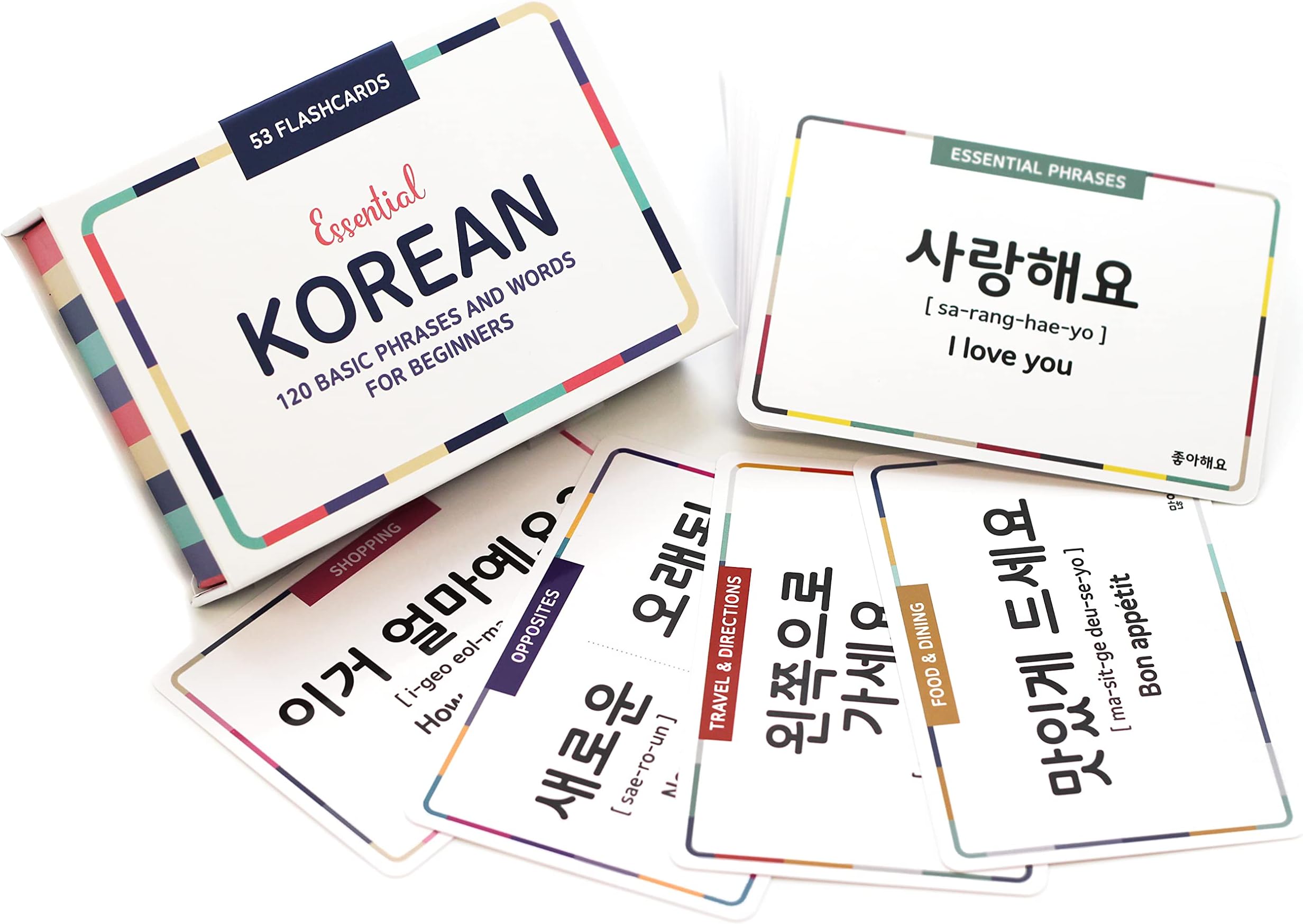 Korean Flashcards for Beginners โ 120 Essential Dialogue Phrases & Words โ Includes Hangul, Romanization, English, MP3 Audio, Gift Box