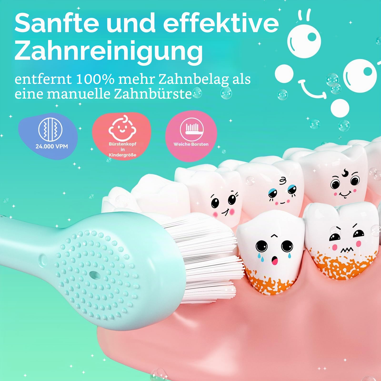 Seago Elektrische Zahnbürste Kinder 0-6 Jahre mit buntem LED Licht, Smart Timer, wiederaufladbare Baby Zahnbürste mit 8 weiche Ersatzbürstenköpfen, IPX7 Wasserdicht, SG2139 (Blau) (Packung mit 2)