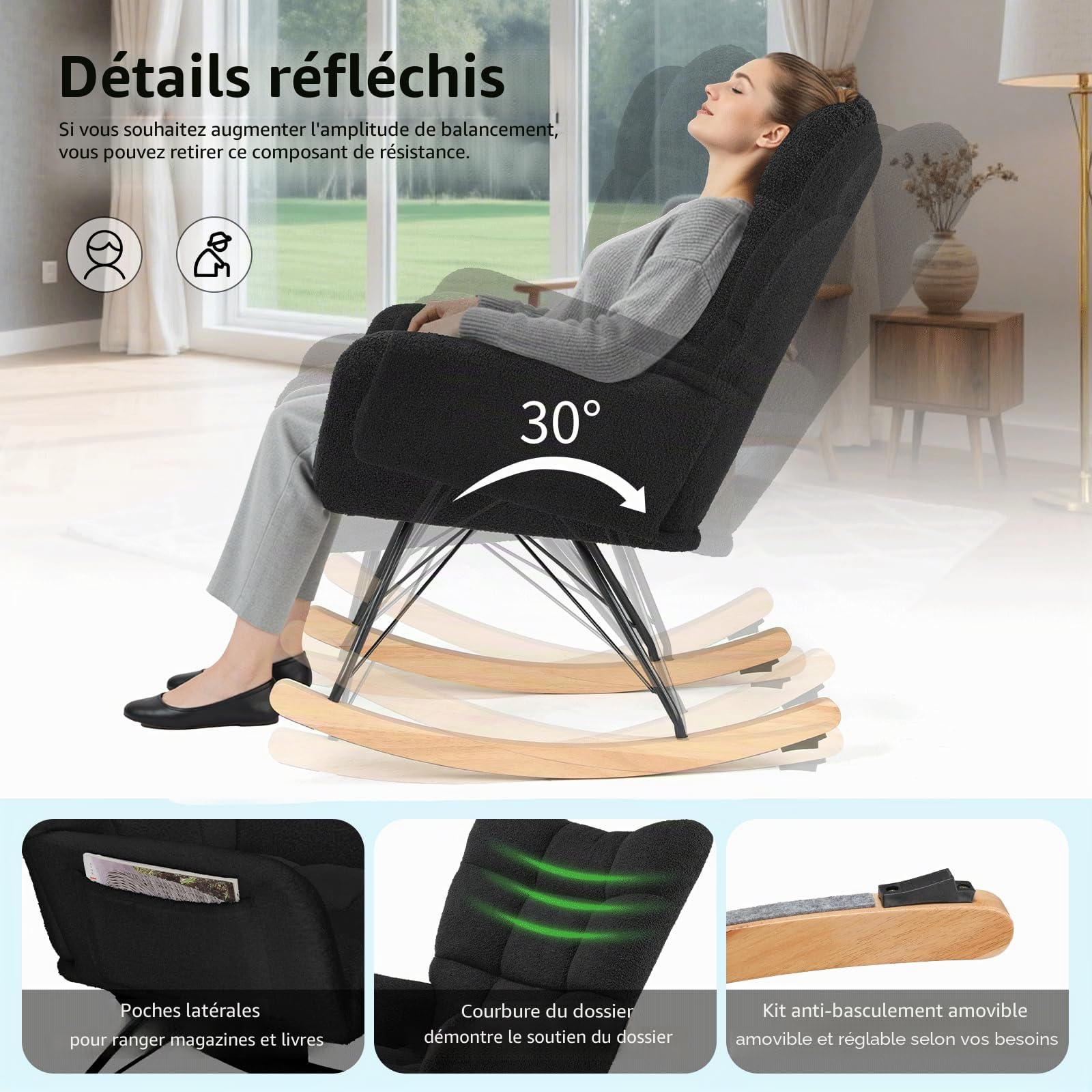 Clevich Fauteuil à Bascule Allaitement Scandinave, Rocking Chair Confortable avec Velours Teddy, Pieds en Bois et Métal, pour Salon, Chambre d'enfants, Chambre, Jusqu'à 136kg, Noir