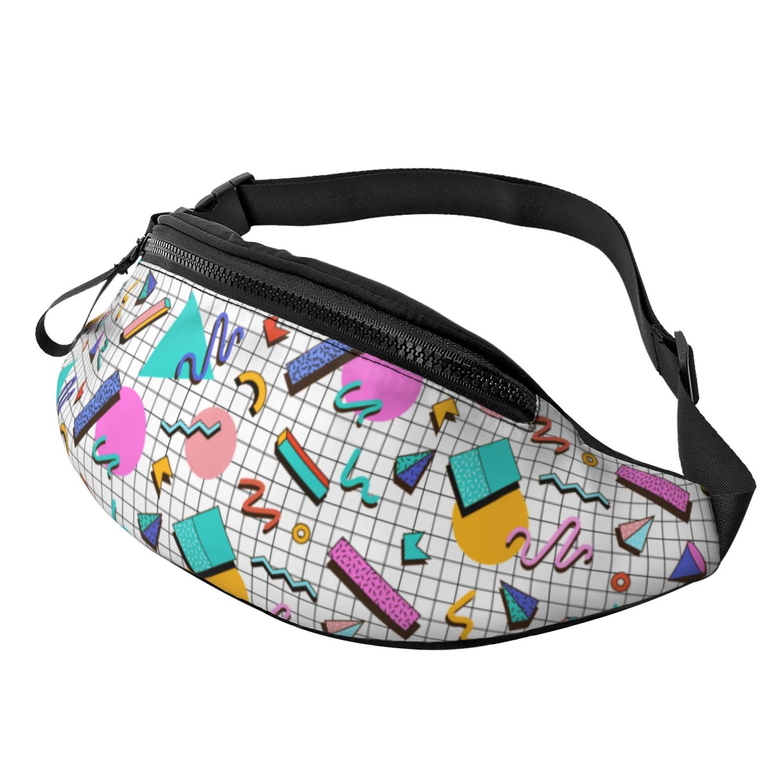 Bright 80s 90s Abstract Shapes Memphis Style Fashion Casual Fanny Pack Waist Bag Men Women Adjustable Belt Waist Bag For Travel Hiking Cycling Running