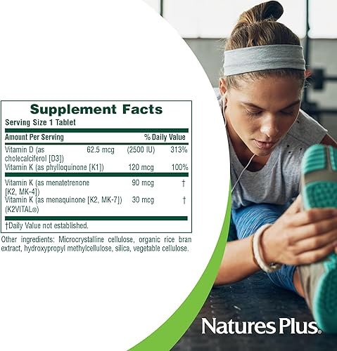 Miniatura 4 de Natures Plus Vitaminas D3 y K2-90 Tabletas - Promueve el apoyo óseo, la función inmunológica, la salud cardiovascular y el equilibrio del estado de