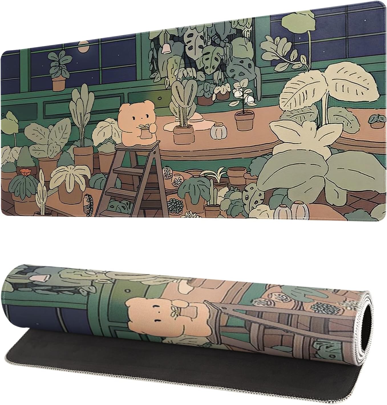 Bear Gaming Mouse Pad Anime Plant Abstract Desk Protector 31.5x11.8 Inch Kawai Aesthetic Brown and Green Forest Non-Slip Rubber Base Stitched Edges Keyboard Desk Pad for Office