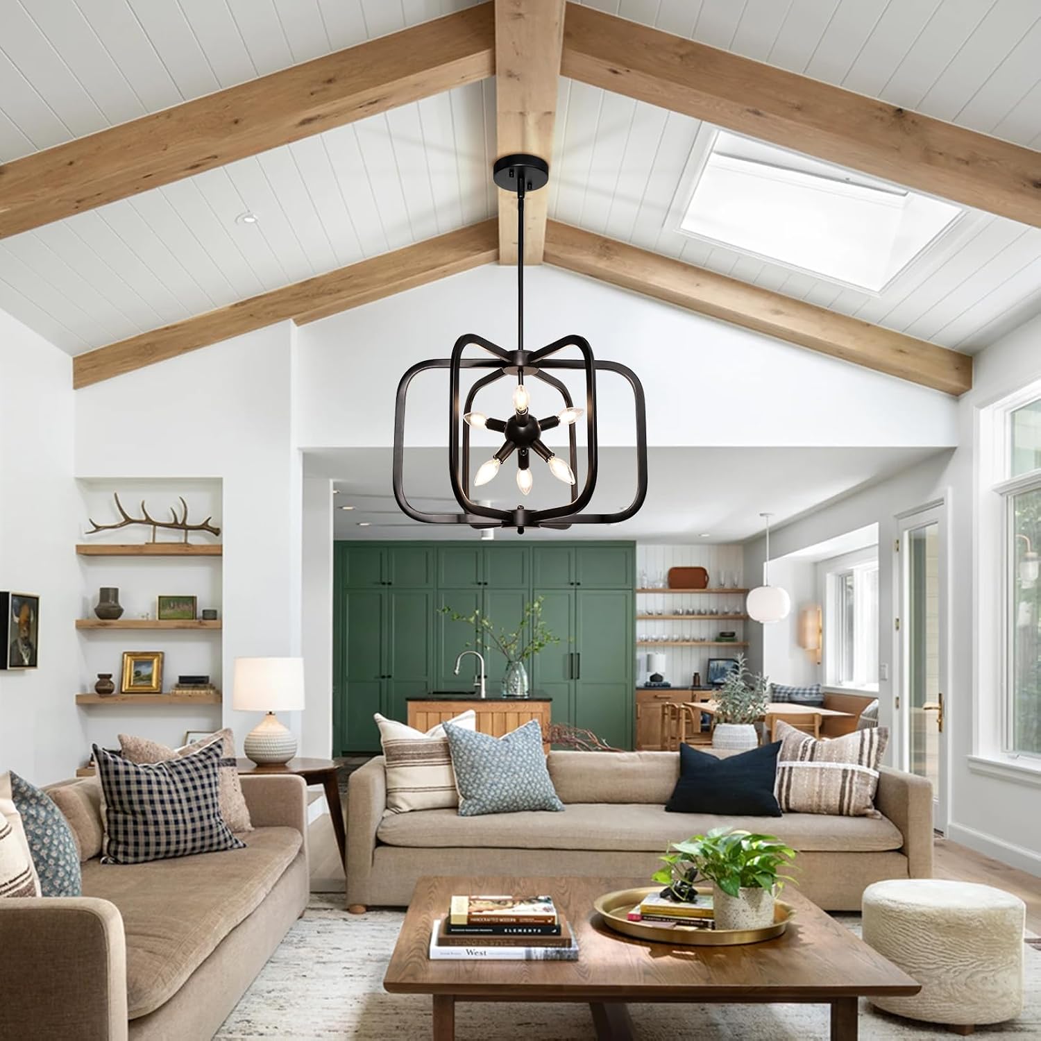 Modern Black Chandelier for Dining Room, 6-Light Geometric Metal Farmhouse Chandelier, Hanging Industrial Ceiling Pendant Light for Kitchen Island Entryway Foyer Bedroom Stairway