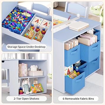 MAMIZO Kids Art Table and Chairs Set, Toddler Craft Desk w/Easel | Sturdy Wood Activity Table w/Large Drawing Tabletop, Paint Cups, Removable Bins, Paper Roll for Home Classroom Daycare
