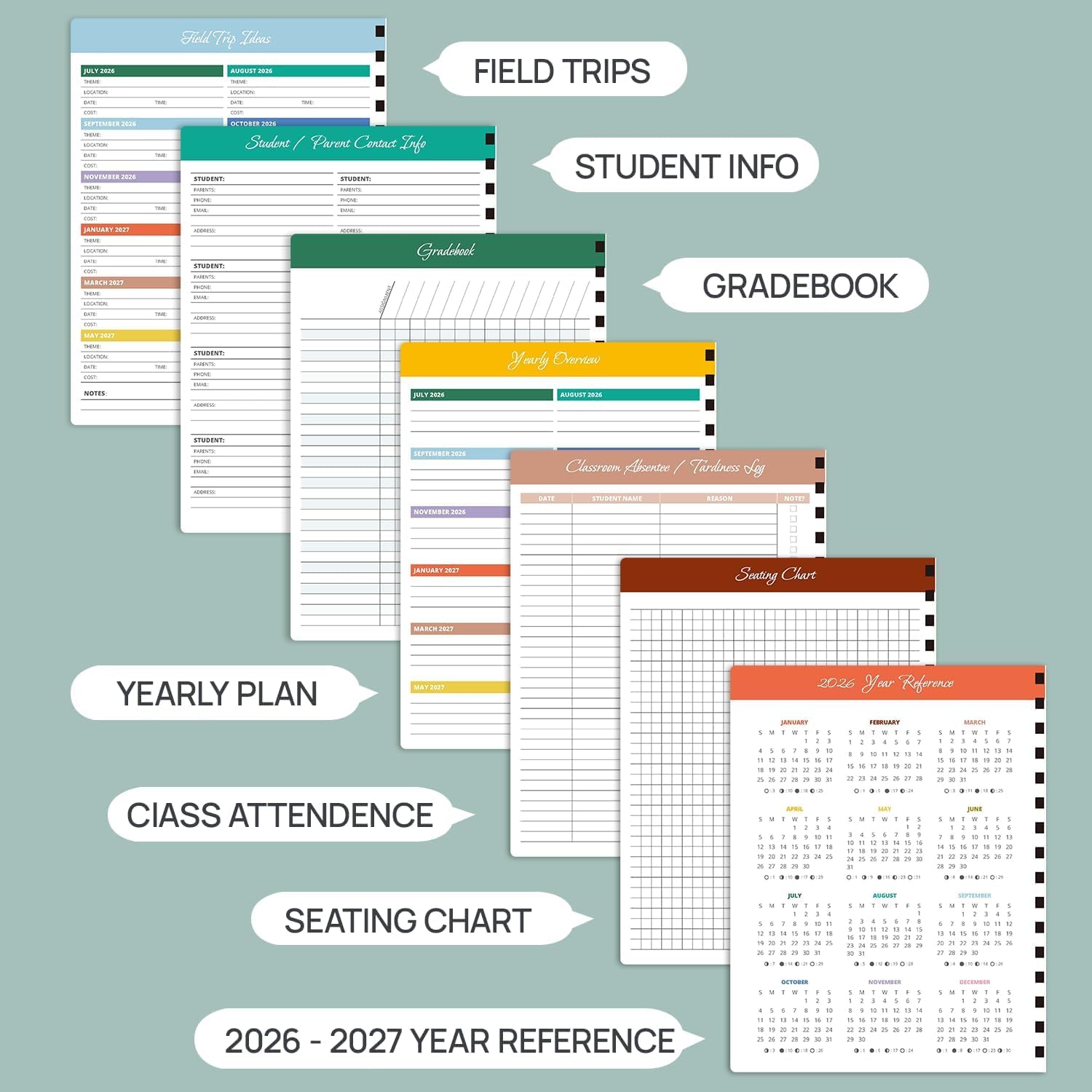 POPRUN Planner per lezioni per insegnanti 2026-2027 (formato lettera: 21,9 x 27,9 cm), planner accademico da luglio 2026 a giugno 2027, con quaderno dei voti e linguette mensili a colori, carta spessa