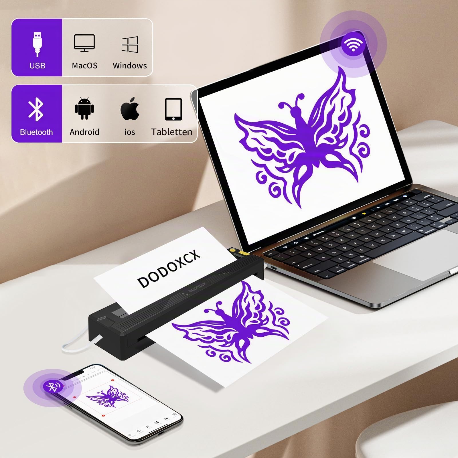Tattoo-Schablonen-Drucker-Maschine für Tattoo-Anfänger und Künstler, mit 3 Tattoo-Transferpapier, tragbarer Thermodrucker, kompatibel mit Handy/PC (grau)