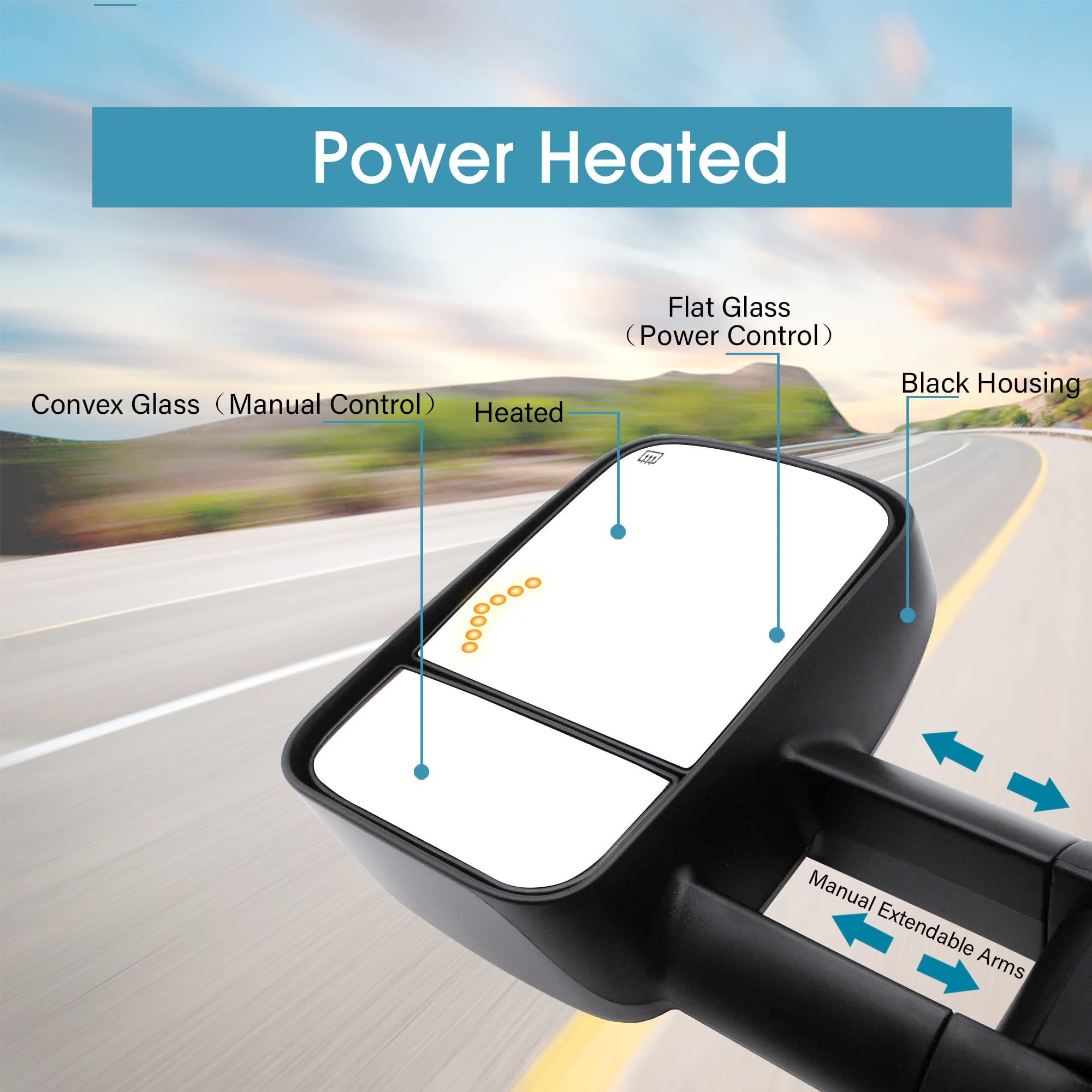 BOOLEE Towing Mirrors For 07-14 Chevy Silverado/GMC Sierra - Power Heated, LED Turn Signal, Manual Telescopic