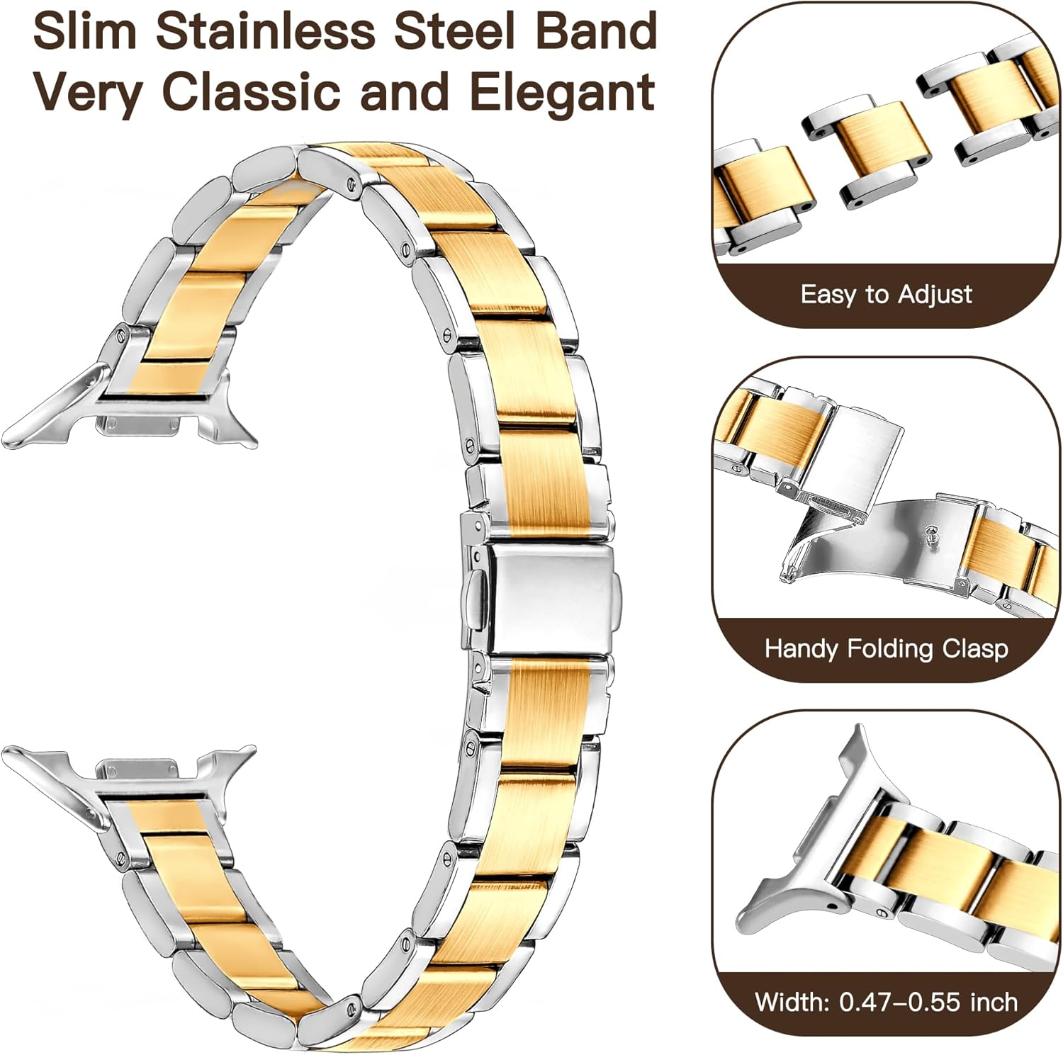 wipalor Slim Metal Band for Samsung Galaxy Watch 8 Band 40mm 44mm/Galaxy Watch 8 Classic 46mm for Women, Thin Stainless Steel Dressy Replacement Bracelet for Samsung Galaxy 8 Watch bands-Sliver/Gold - Image 2