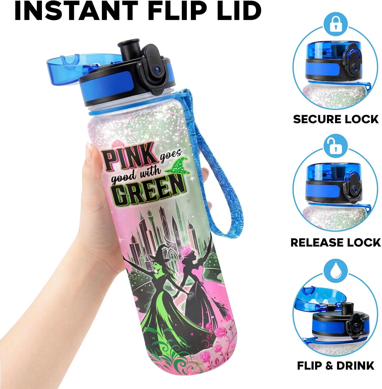 Pink and Green Witch 32oz Water Bottle with Time Marker, Magic Inspired Refillable Bottle, Fantasy Witch Gift for Women, Musical Lover Drink Bottle