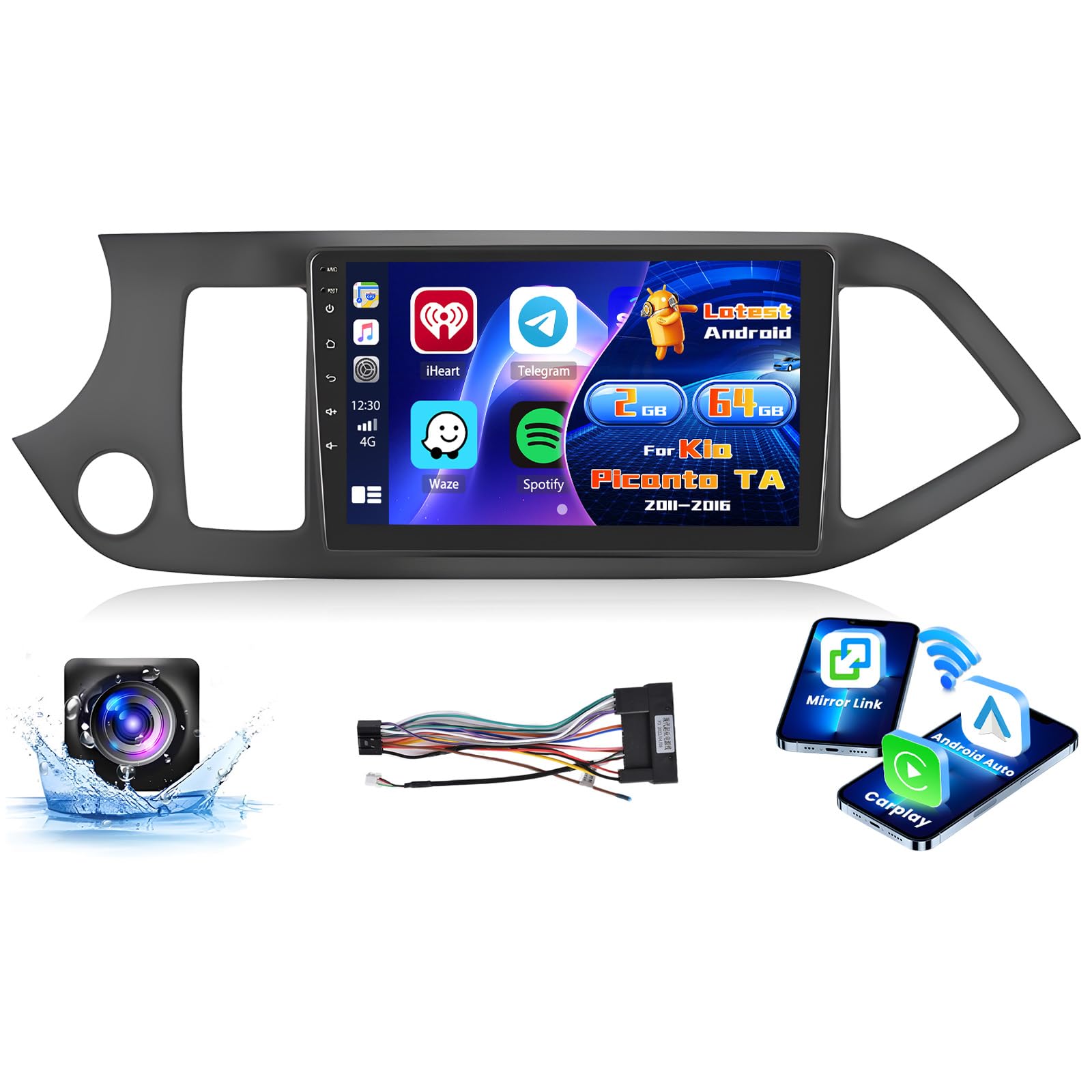 Inefala Radio für Kia Picanto TA 2011-2016 Android 15 2+64G mit Wireless CarPlay Android Auto, 9 Zoll Bildschirm mit EQ 26UI FM RDS GPS Bluetooth WiFi SWC AHD Rückfahrkamera