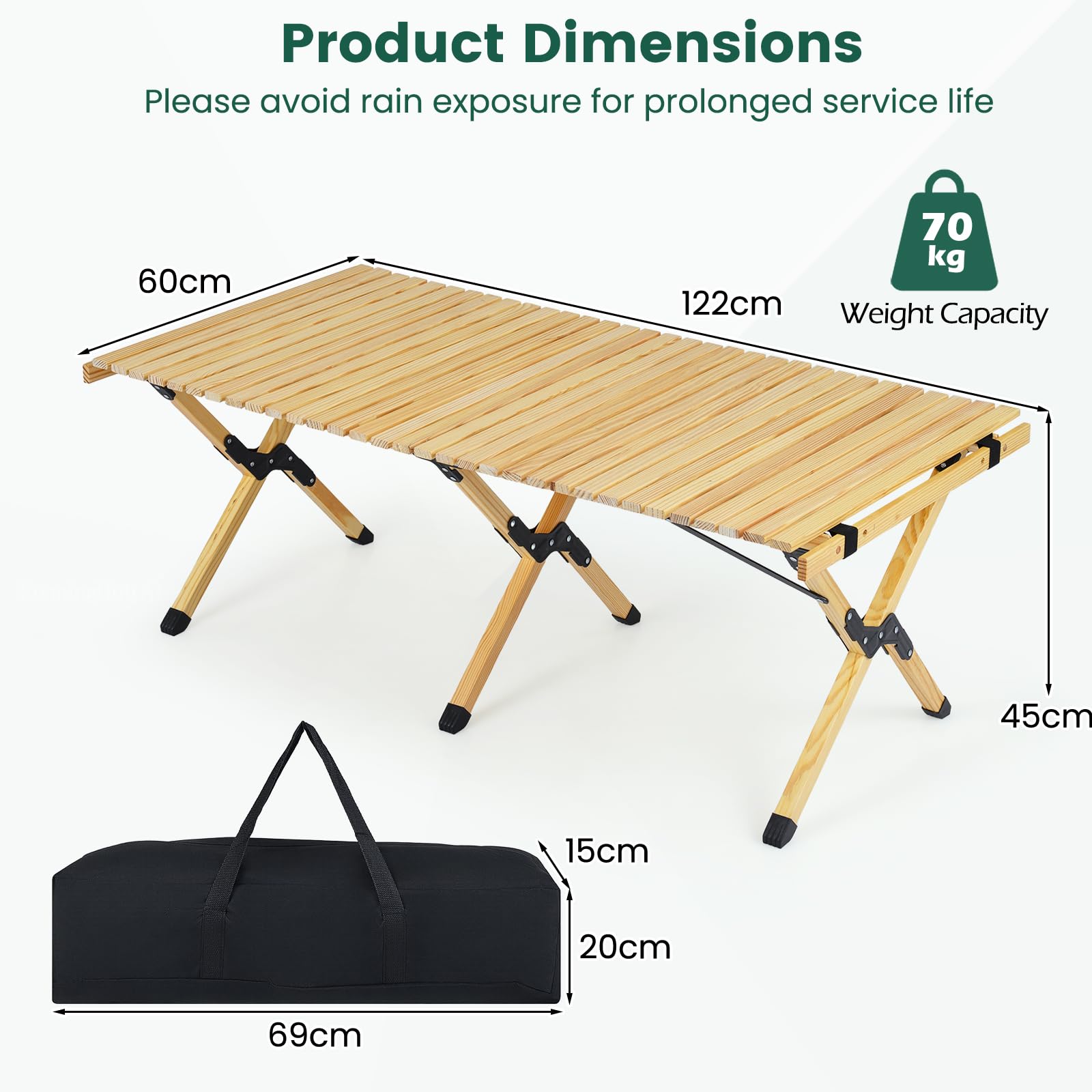 HOMASIS Campingtisch klappbar, tragbarer Klapptisch für 4-6 Personen, rollbarer Picknicktisch aus Kiefernholz mit Tragetasche, Outdoor Falttisch für Reisen, Grillparty, Picknick, Garten, Strand