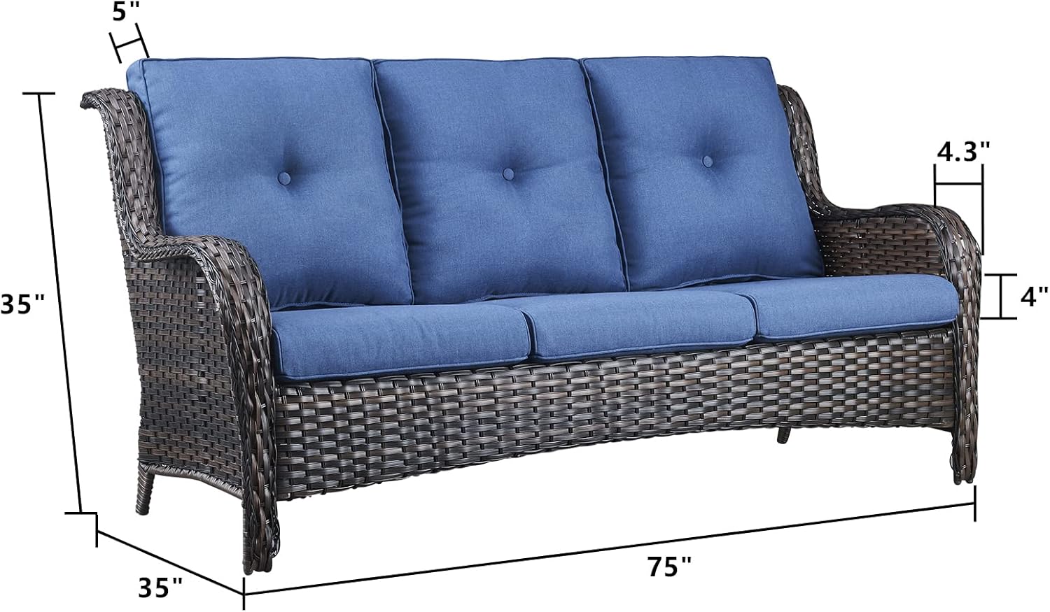 Outdoor Couch Wicker Patio Sofa - 3-Seater Rattan Patio Furniture Conversation Sofas with Deep Seating and Comfortable Cushions for Porch Deck Balcony Garden(Brown Wicker/Blue Cushion)