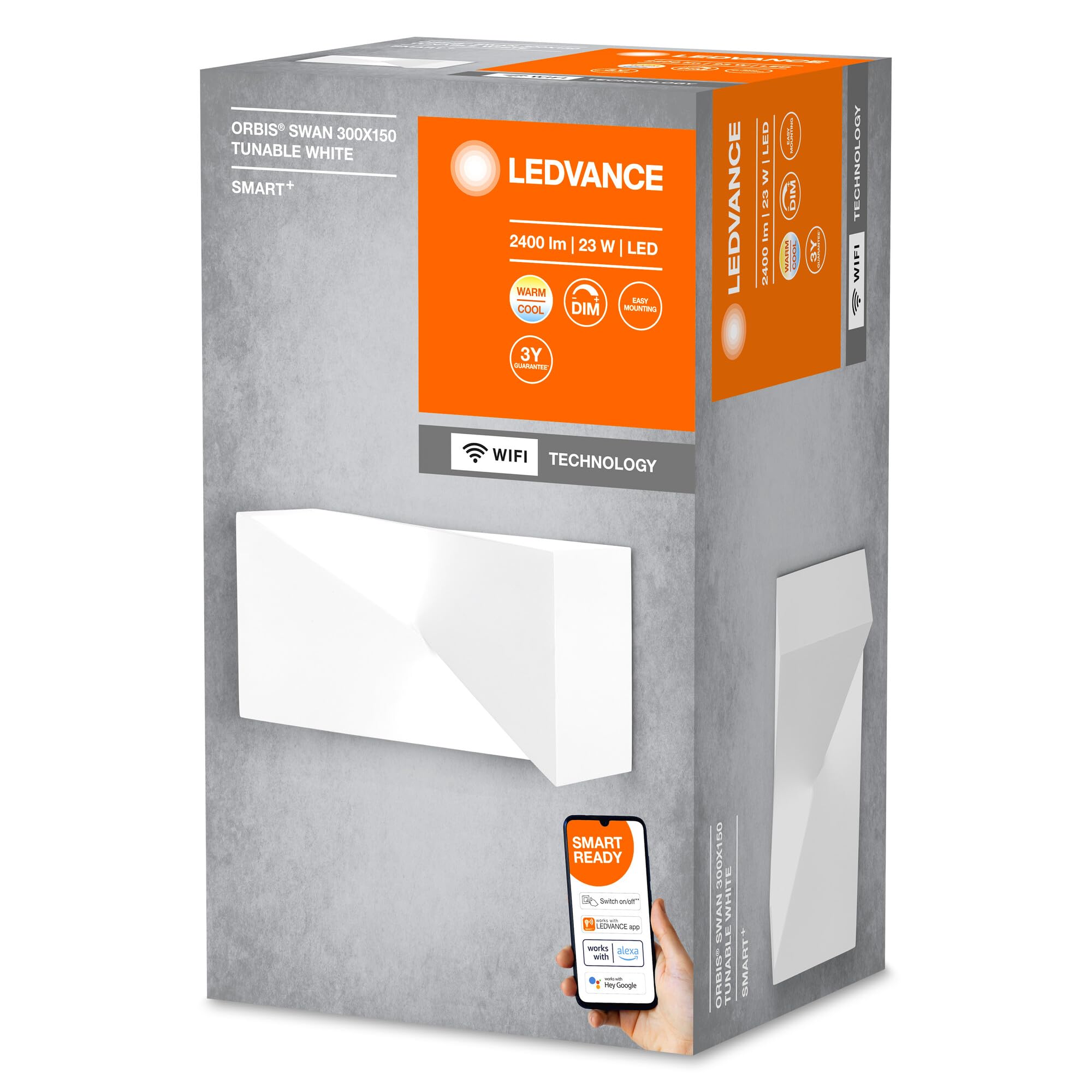 LEDVANCE ORBIS SWAN SMART+ Wi-Fi luminaire, applique murale LED dimmable pour l'intérieur, 23W, température de couleur de 3000-6500K, 600 lumens, surface à peindre, forme rectangulaire 30x15cm