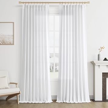 Joywell Linen Blended Pinch Pleated Curtains 102 Inches Long, Back Tab Clip Rings Drapes with Hooks Semi Sheer Light Filtering for Bedroom Living Dining Room,W50 x L102,White,2 Panels
