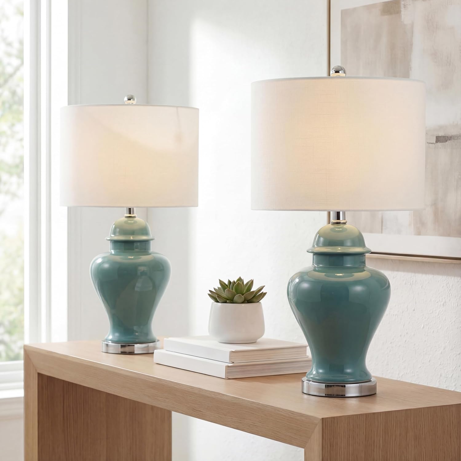 JONATHAN Y 22" Jade Green Ceramic Table Lamp Set of 2 for Bedroom Living Room, White Linen Shade, Traditional Ginger Jar Nightstand Lamp, Classic Cottage LED Lights JYL6602A-SET2