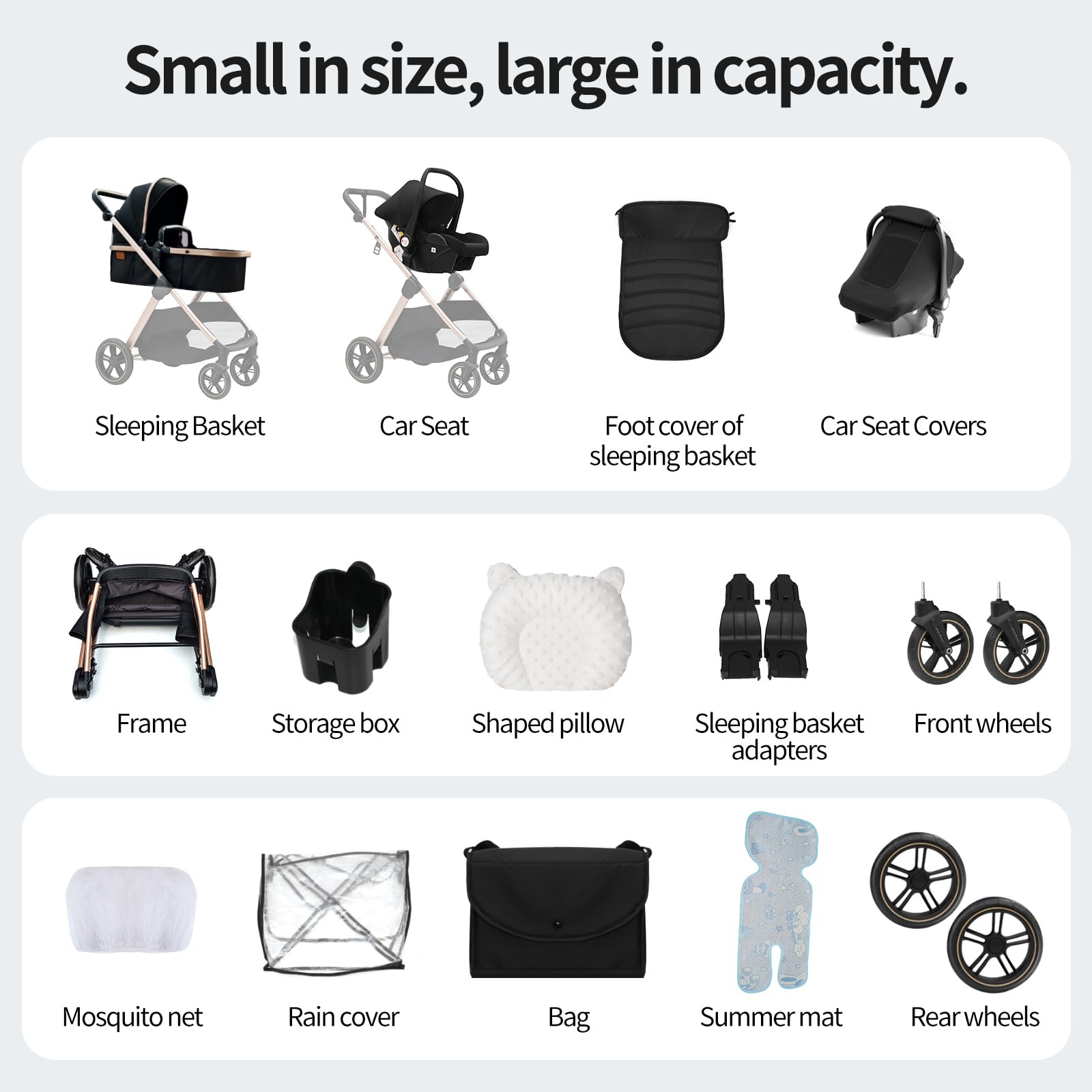 Poussette 3 en 1 Système de Voyage Pliable Pneus Caoutchouc 0-4 Ans