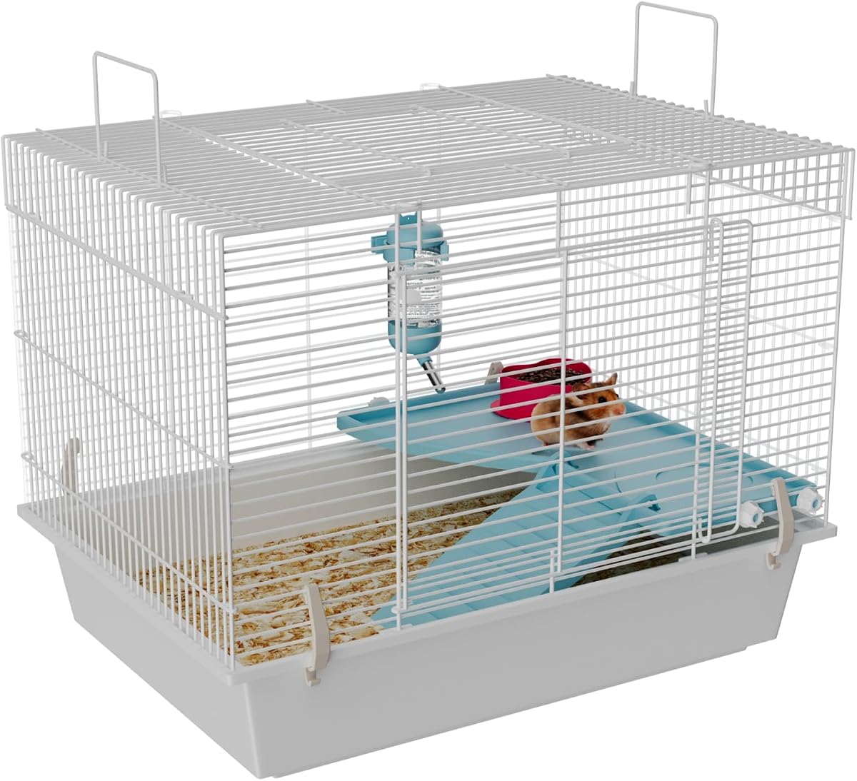 Jaula pequeña para hámster interior, con botella de agua y cuenco para comida | con plataforma y rampa, base elevada, casas para animales pequeños y hábitats para ratas, ratones, jerbos y ratones ositos de peluche sirios enanos