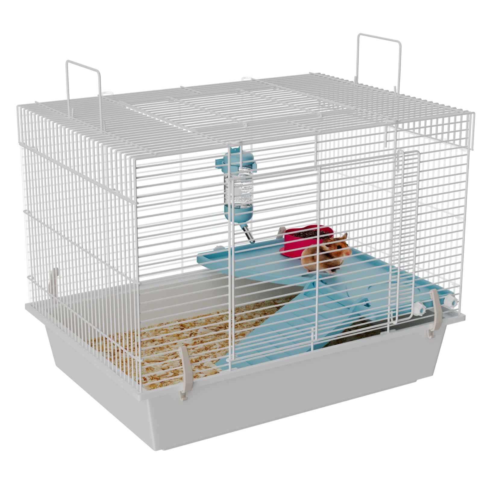 STILLCOVE Jaula pequeña para hámsteres interiores: jaula para ratas, ratones, jerbos, hábitat, recinto para mascotas, incluye plataforma, botella de agua y cuenco de comida para hámster enano y sirio