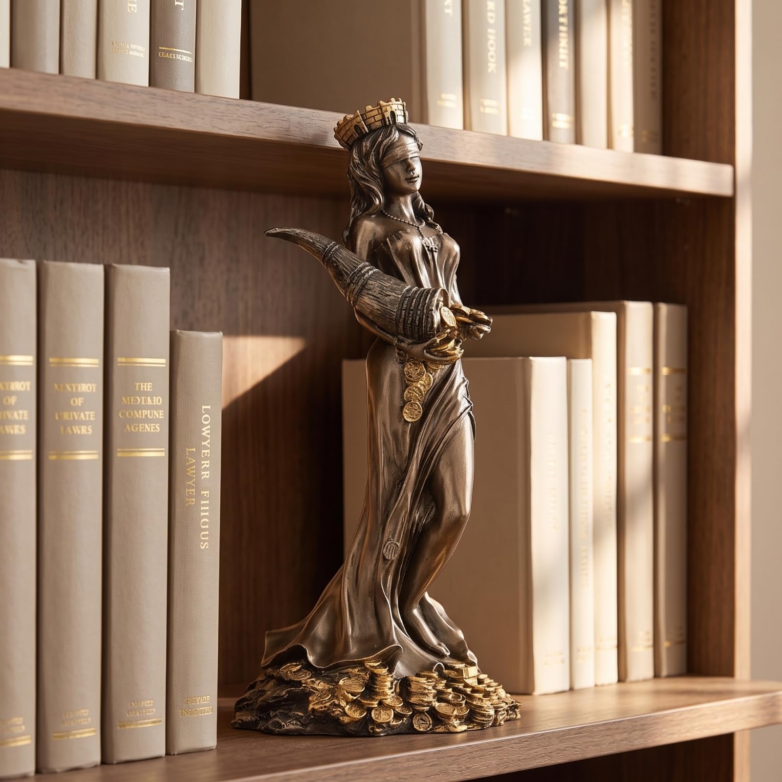 Della Fortuna Bendata con Cornucopia Ornamentale Scultura Dipinta a Mano Figura Decorativa per Ufficio, Statua Della Dea Del Destino - Piccola Resina + Polvere Di Rame