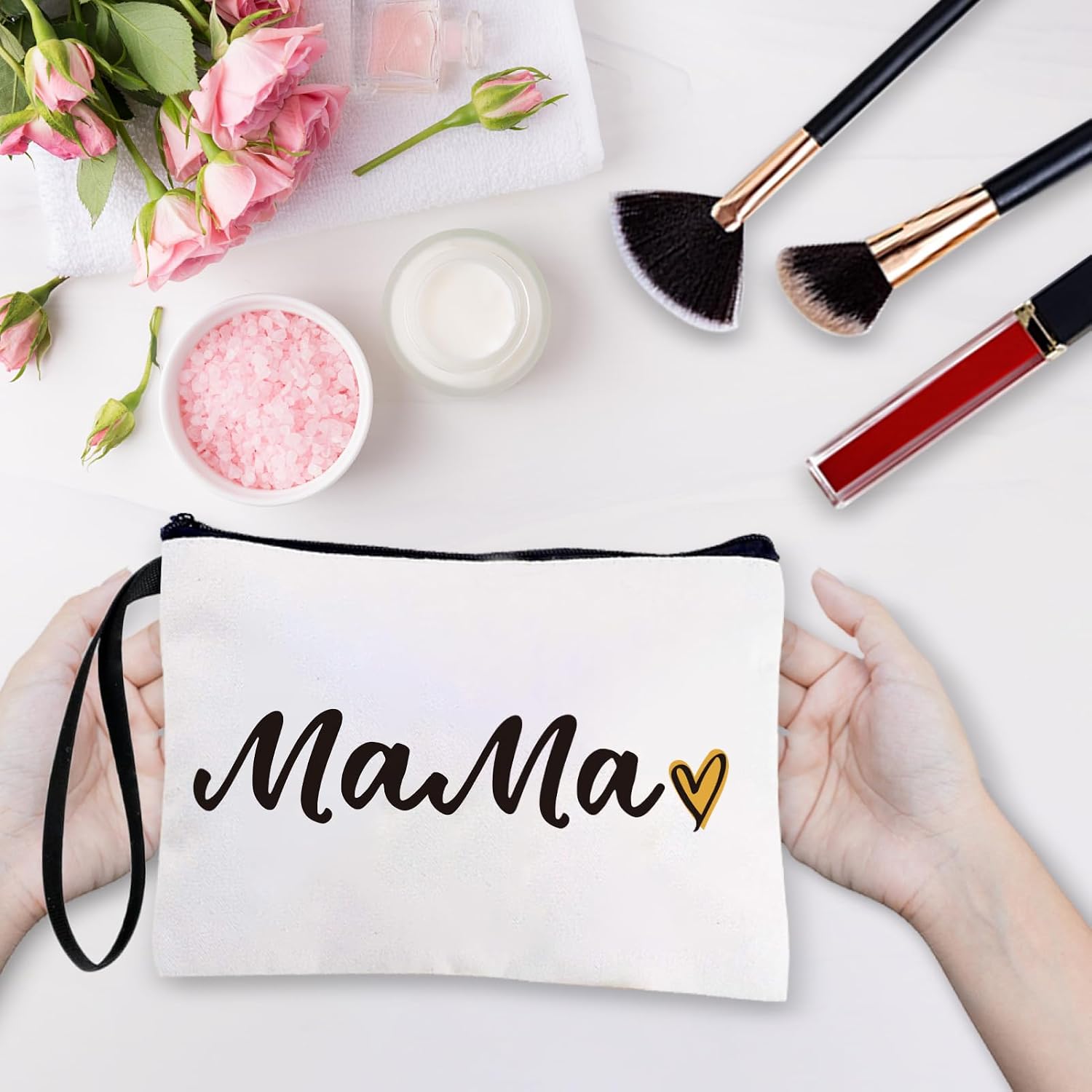 CREATCABIN Mama Bag Makeup Bags Canvas Cosmetic Multi Purpose Case Zipper Pouches Toiletry Travel Storage Purse Portable Storage Pouch for Women Mommy 9.8x7Inch image 5