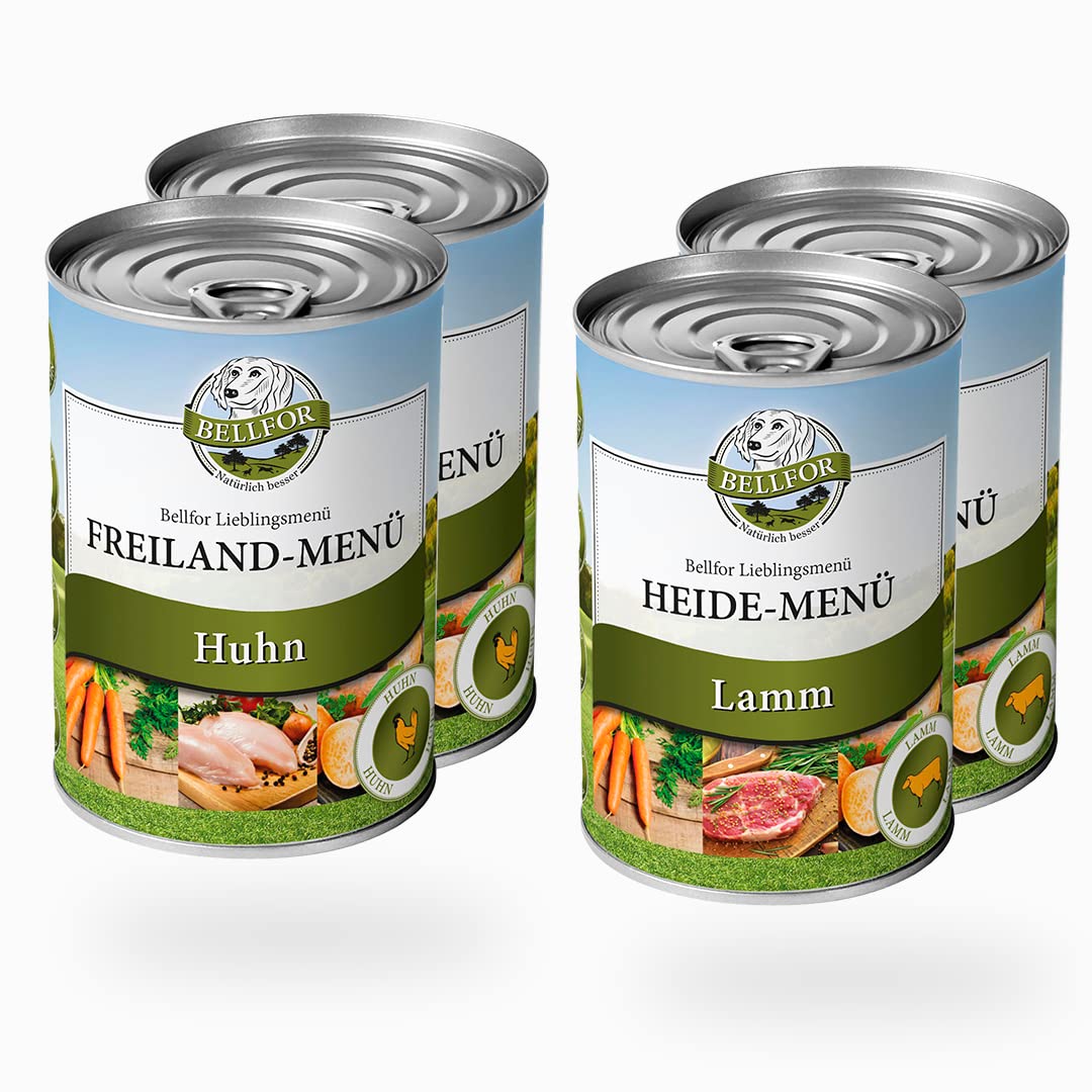 Bellfor Hundefutter Nass Starter-Paket – Zwei Freiland-Menu mit Huhn und Zwei Heide-Menu mit Lamm