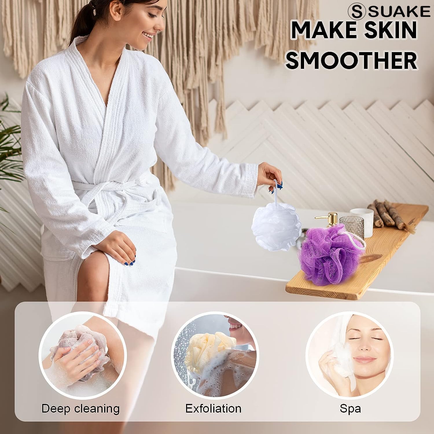SUAKE Loofah for Bathing – Loofah Scrub Sponge & Body Exfoliator for Men & Women | Soft Shower Loofah with Hanging Handle & Wall Hook – Gentle Bathing Puff - Image 5 thumbnail