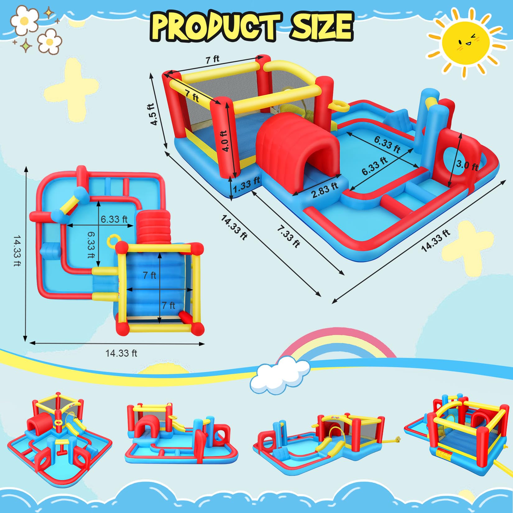 Whubefy - Campo de obstáculos inflable para casa de rebote para niños, patio trasero, parque acuático con piscina grande de 15 x 15 pies, martillo para riego, túnel de juego, anillo doble y desafío de