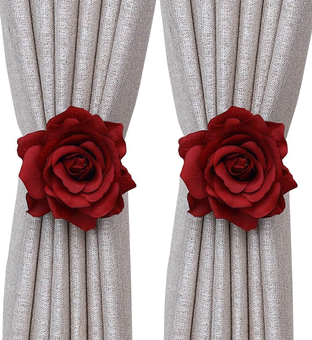 4 Pack Magnetic Curtain Tiebacks, Rose Flower Tie Backs Rope for Curtains, Elegant Decorative Holdbacks Holders, Home Decor Thin or Sheer Window Drapries Bed Canopy, Wine