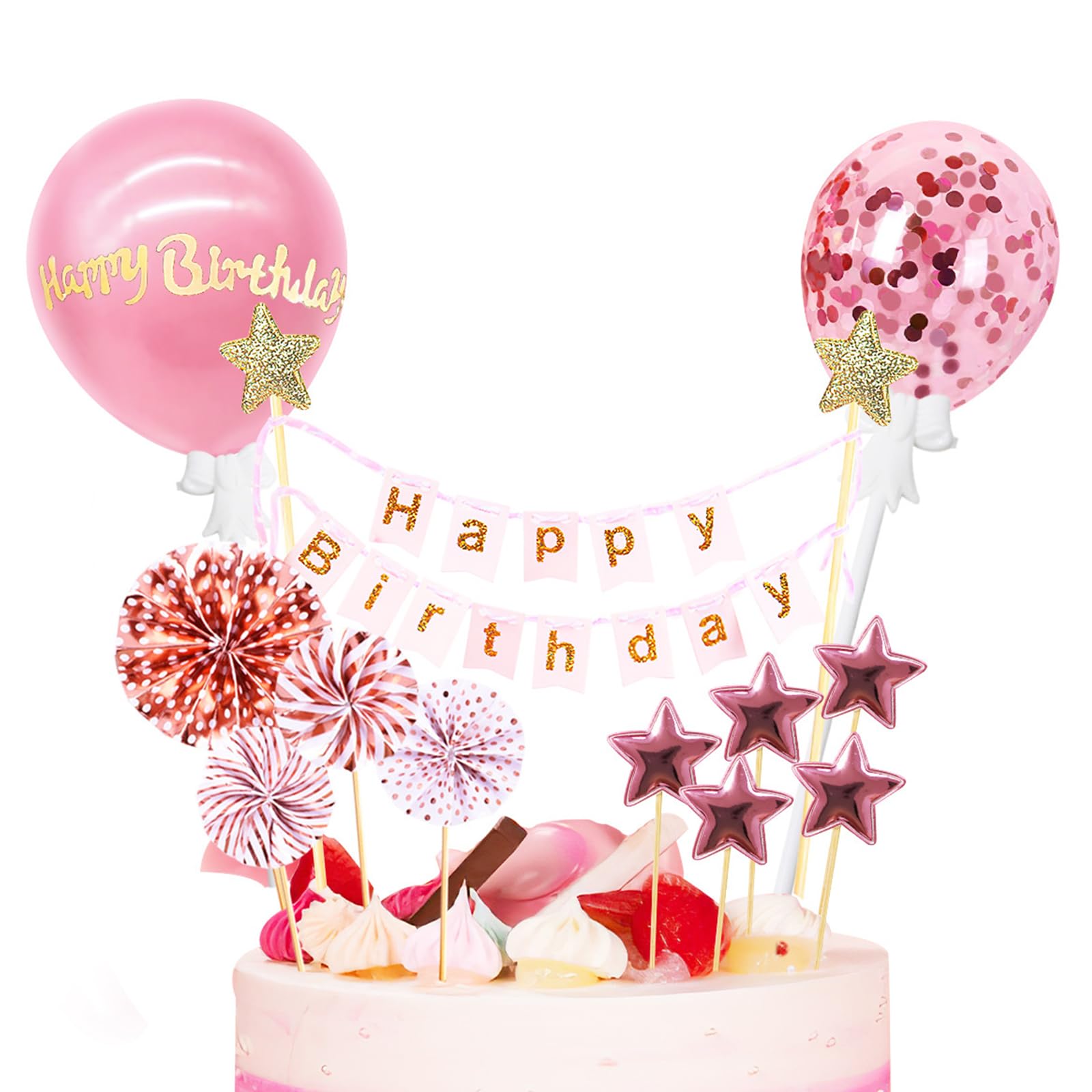 PMELCXD Happy Birthday Cake Topper Bunting Flags Banner with Pink Balloons,12 PCS Cake Topper Decorations Set, Stars, Lollipop Birthday Party Cupcake Topper Ornaments, For Birthday Party