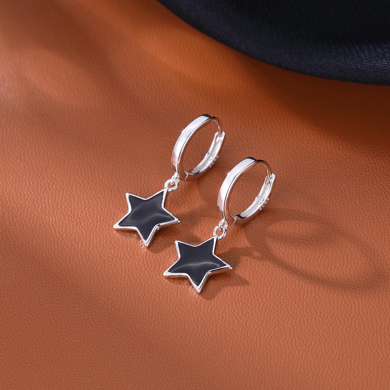 SLUYNZ Solid 925 Sterling Silver Black Star Hoop Earrings for Women Teens 1.3CM Star Hoop Dangle Earrings