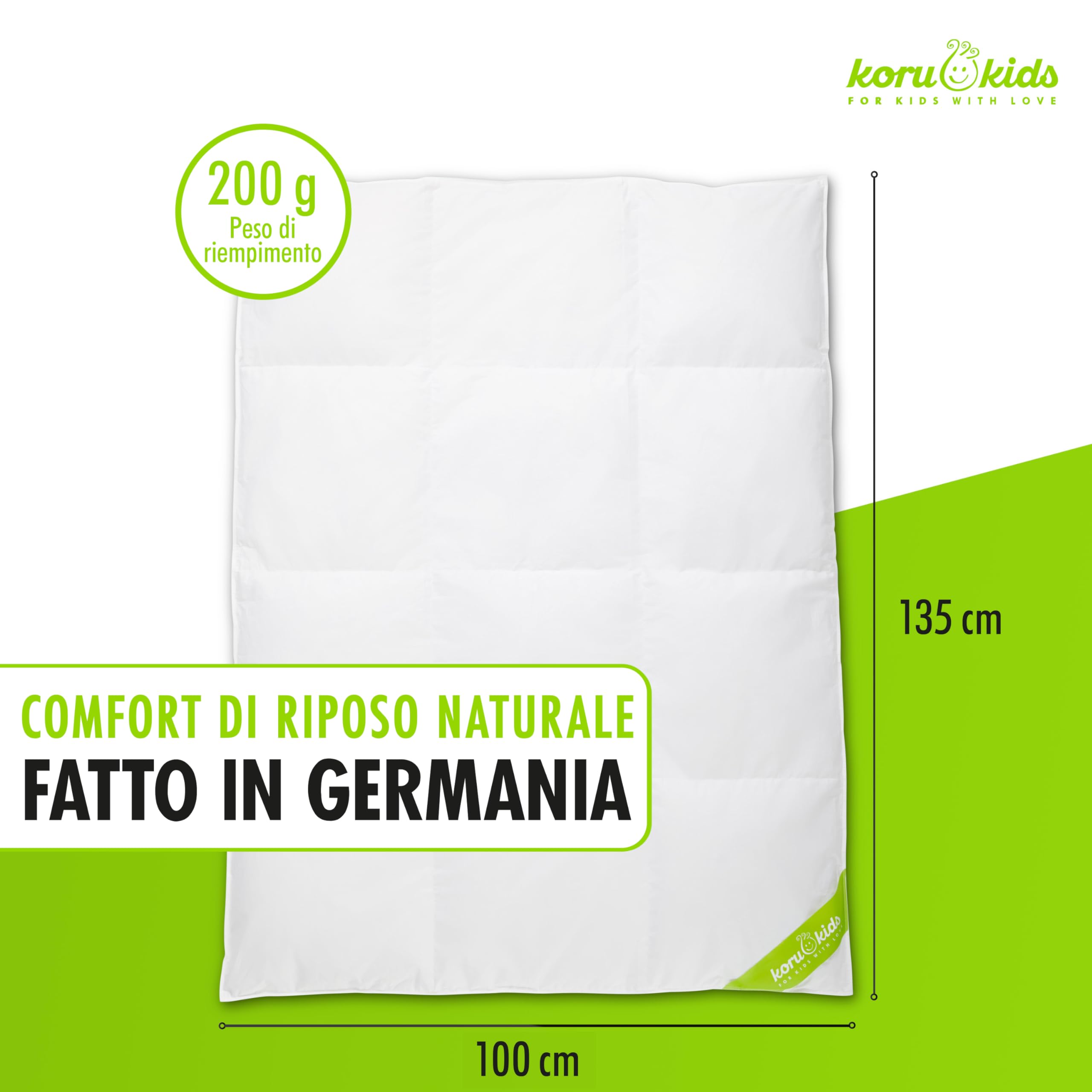 Koru Kids® Piumone Lettino Bambino - Piumino Lettino Bimbo 100x135 cm Estivo, Anallergico. 100% Piume Canadesi 200gr. Piumino Lettino Fatto In Germania Certificato Oeko-Tex 100
