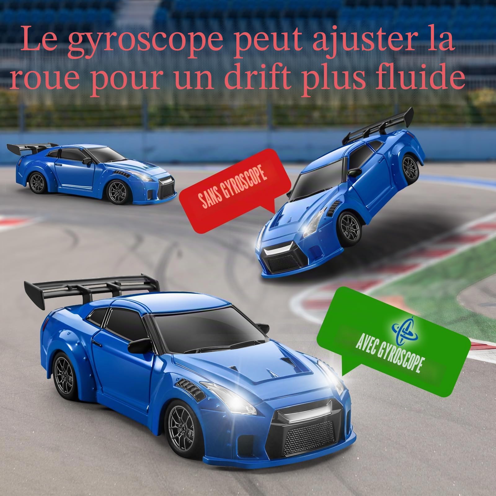 ACAMMZAR Voiture Télécommandée Drift avec Gyro, 1:43 Mini RC Drift Cars, 18KM/H 4WD Proportionnel intégral Voiture Télécommandée Tout Terrain avec lumières LED pour Adulte Enfant, Bleu