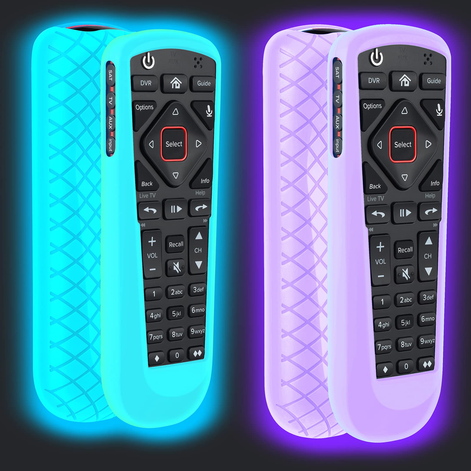 Paquete de 2 fundas para control remoto de red de platos, funda para control remoto Dish TV 52.0/54.0 de repuesto, funda de silicona que brilla en la oscuridad, color morado y azul