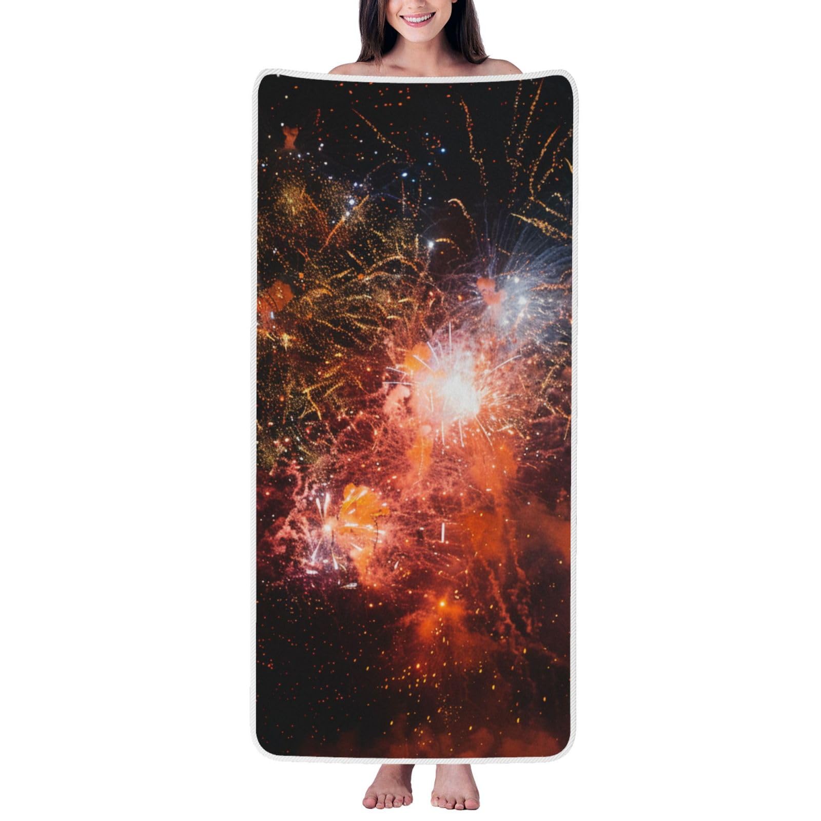 WPKJU Fireworks Printed Bath Towel with White Edging - 27x55 in Soft Extra Absorbent Coral Velvet Shower Towels for Bathroom