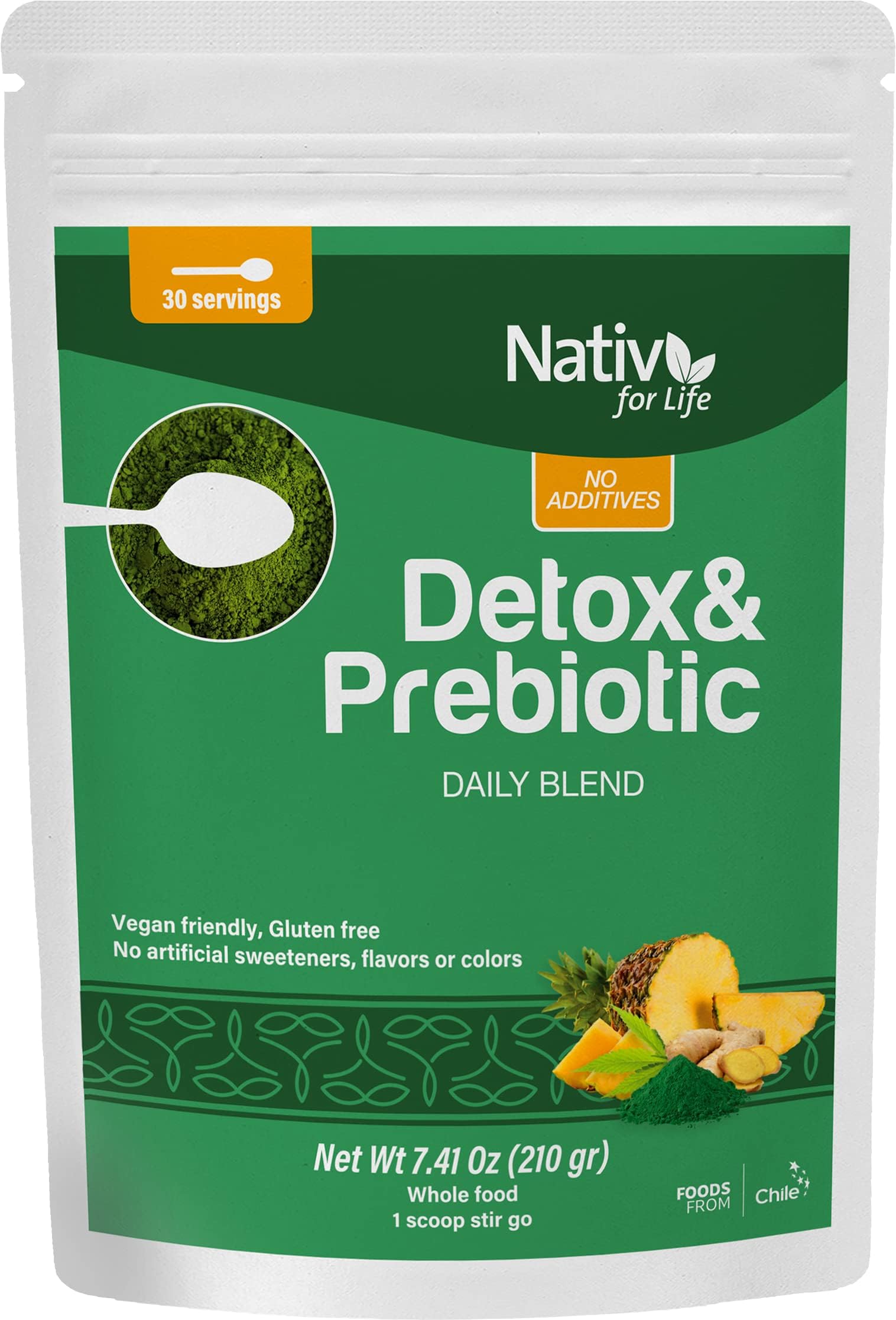 Nativforlife - Detox and Probiotic, 7,41 Oz | Powerful Superfoods That Support The Body's Detoxification and Digestive Health | Inulin, Hemp, Spirulina, Pineapple and Ginger