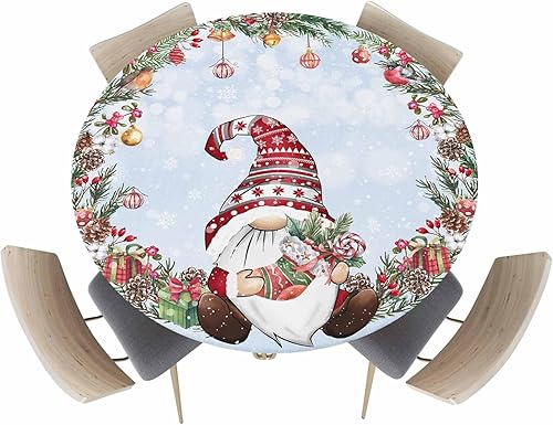 Miniatura 2 de Mantel redondo ajustable de enano rojo de Navidad, mantel azul degradado con borde elástico, mantel impermeable, regalo de Navidad para cocina,
