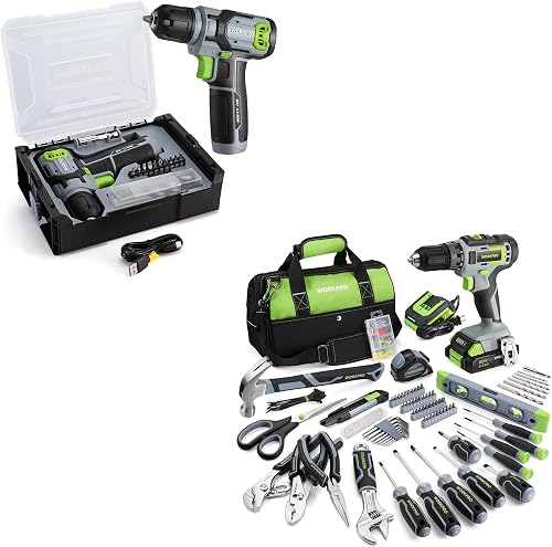 157PCS Home Tool Set with 20V Power Drill & WORKPRO Drill Set with 8V Power Drill and Stackable Tool Box- Green