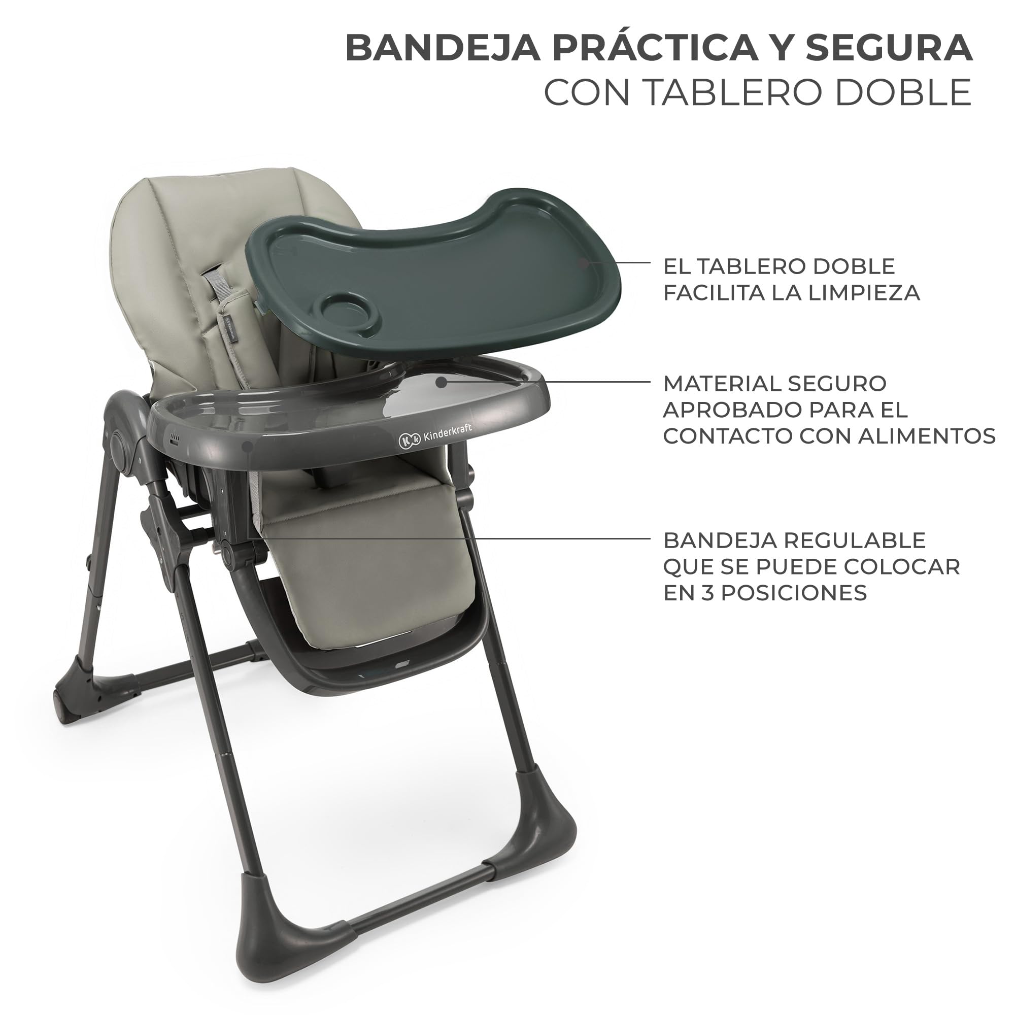 Kinderkraft TUMMIE Trona Bebé, 2 en 1, trona para niños, trona combinada, Asiento desde los primeros meses de vida, reposapiés, Posición tumbada, con juguetes, ajustable, Gris