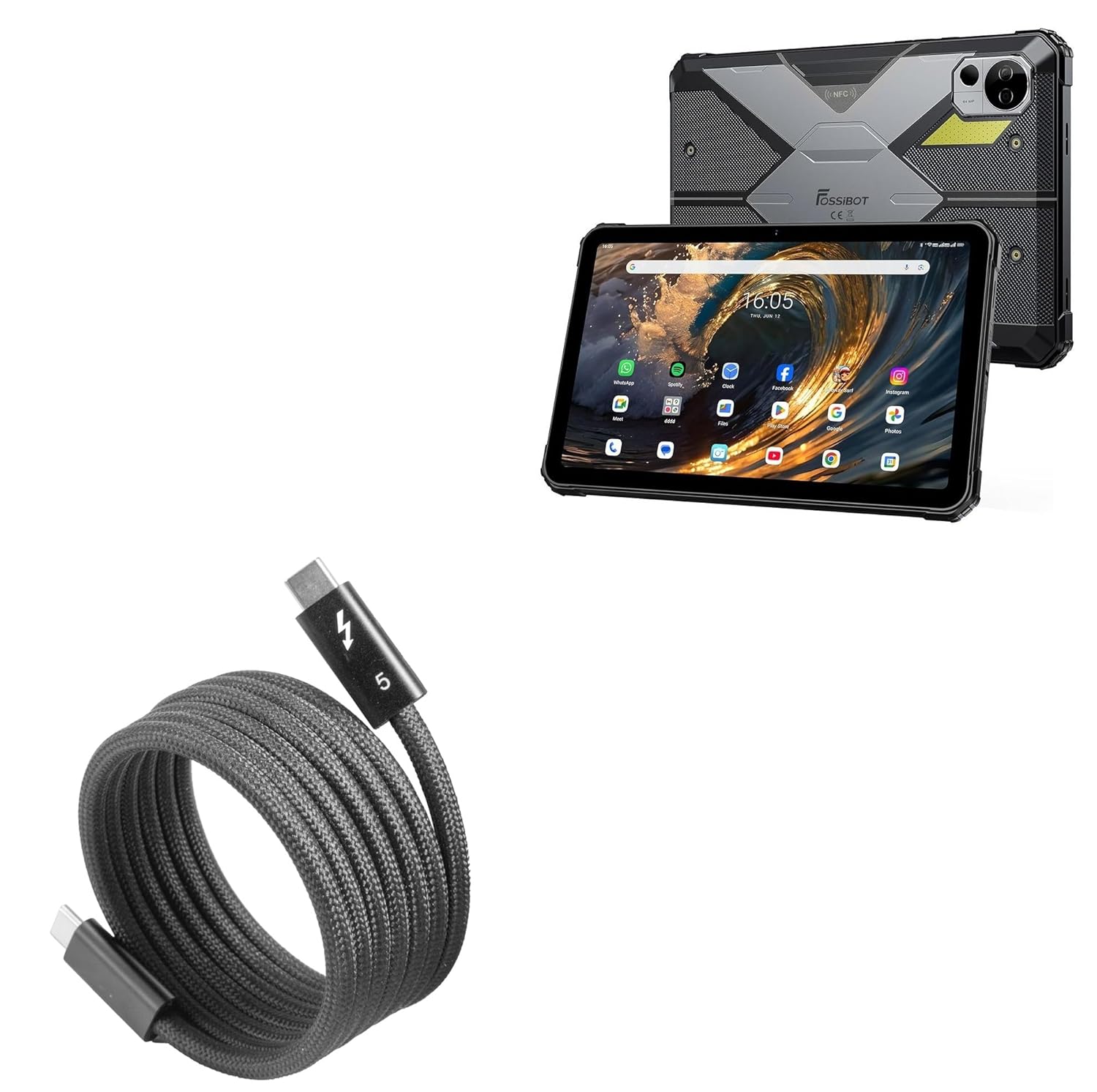 BoxWave Cable Compatible with FOSSiBOT DT3 5G (10.4 in) - SnapWrap Thunderbolt 5.0 Cable (5ft 240W), Magnetic Self-Coiling Nylon Braided Retractable - Jet Black