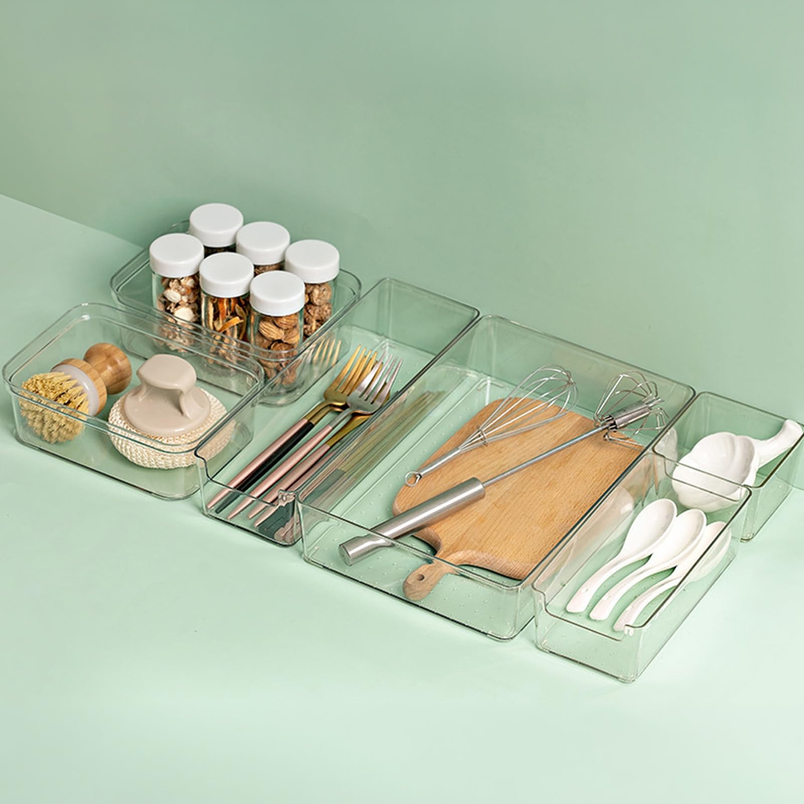 Set di scatole portaoggetti da scrivania, organizer trasparente per cassetti, contenitori impilabili antiscivolo, set di organizer per trucchi, bagno, cucina e ufficio