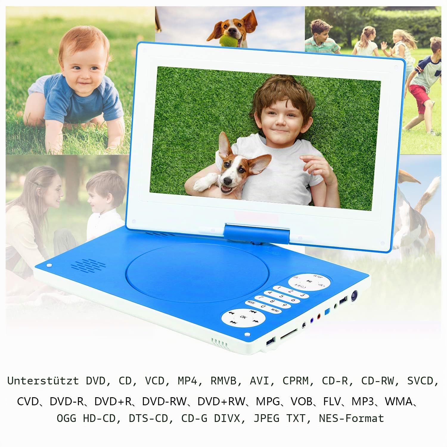 YOOHOO Tragbarer DVD-Player, 32,5 cm (12,5 Zoll) mit 26,7 cm (10,5 Zoll), 270° drehbarem HD-Drehbildschirm mit wiederaufladbarem Akku, AC-Adapter, unterstützt alle Regionen, Multiregionen