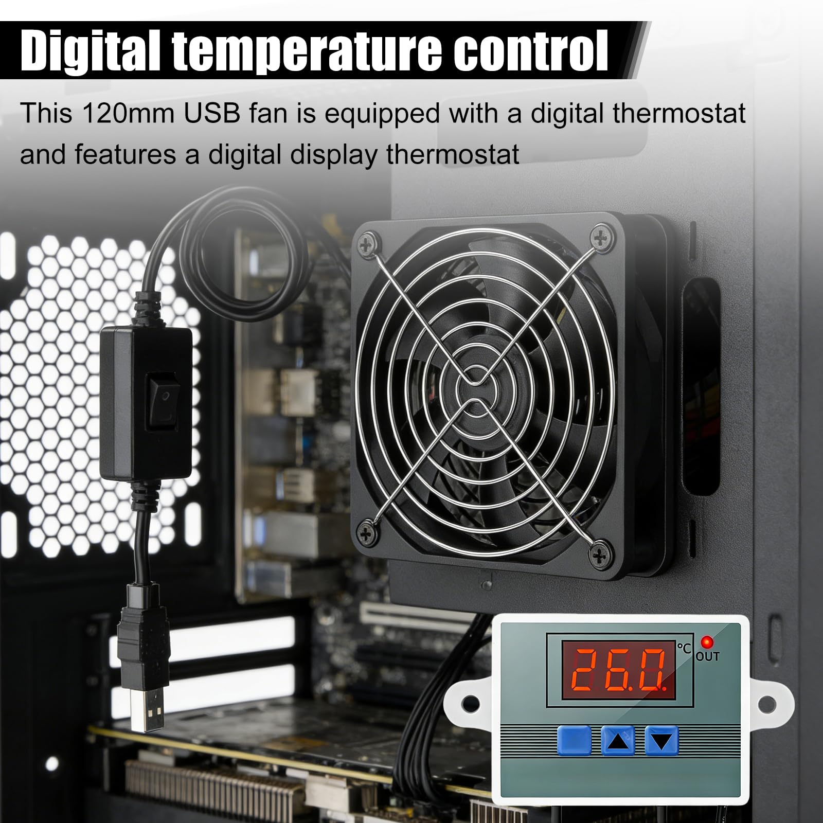Wentylator 140 mm, do kina domowego z cyfrowym regulatorem temperatury, wentylator USB, wentylator 5 V z 3 regulowanymi prędkościami, wentylator chłodzący do kina domowego, AV, szafy, szafki na