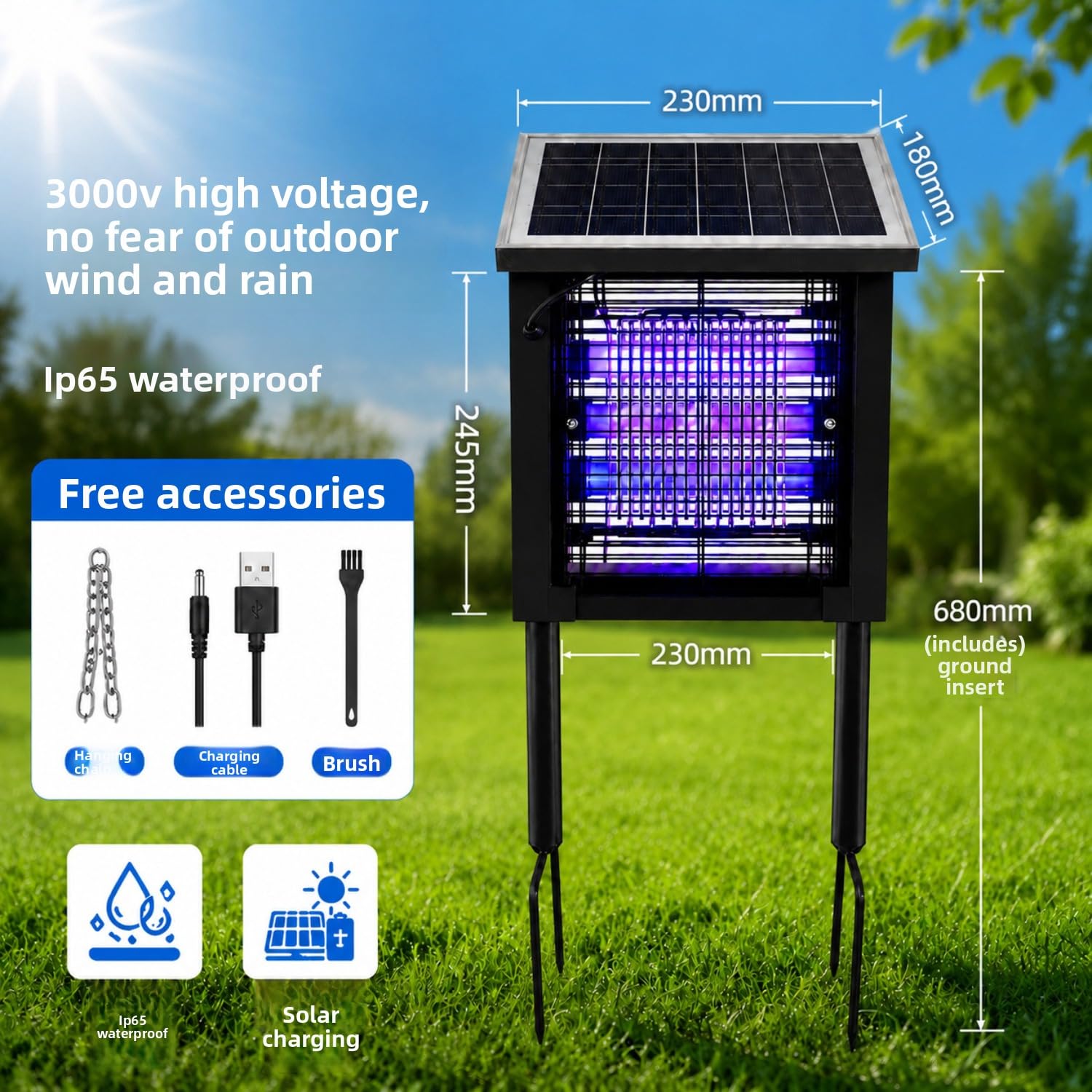 Matamosquitos solar, exterminador de insectos con luz UV, repelente de plagas impermeable para patio, jardín, parque, comunidad, control eficaz de mosquitos e insectos (negro, 23 cm)