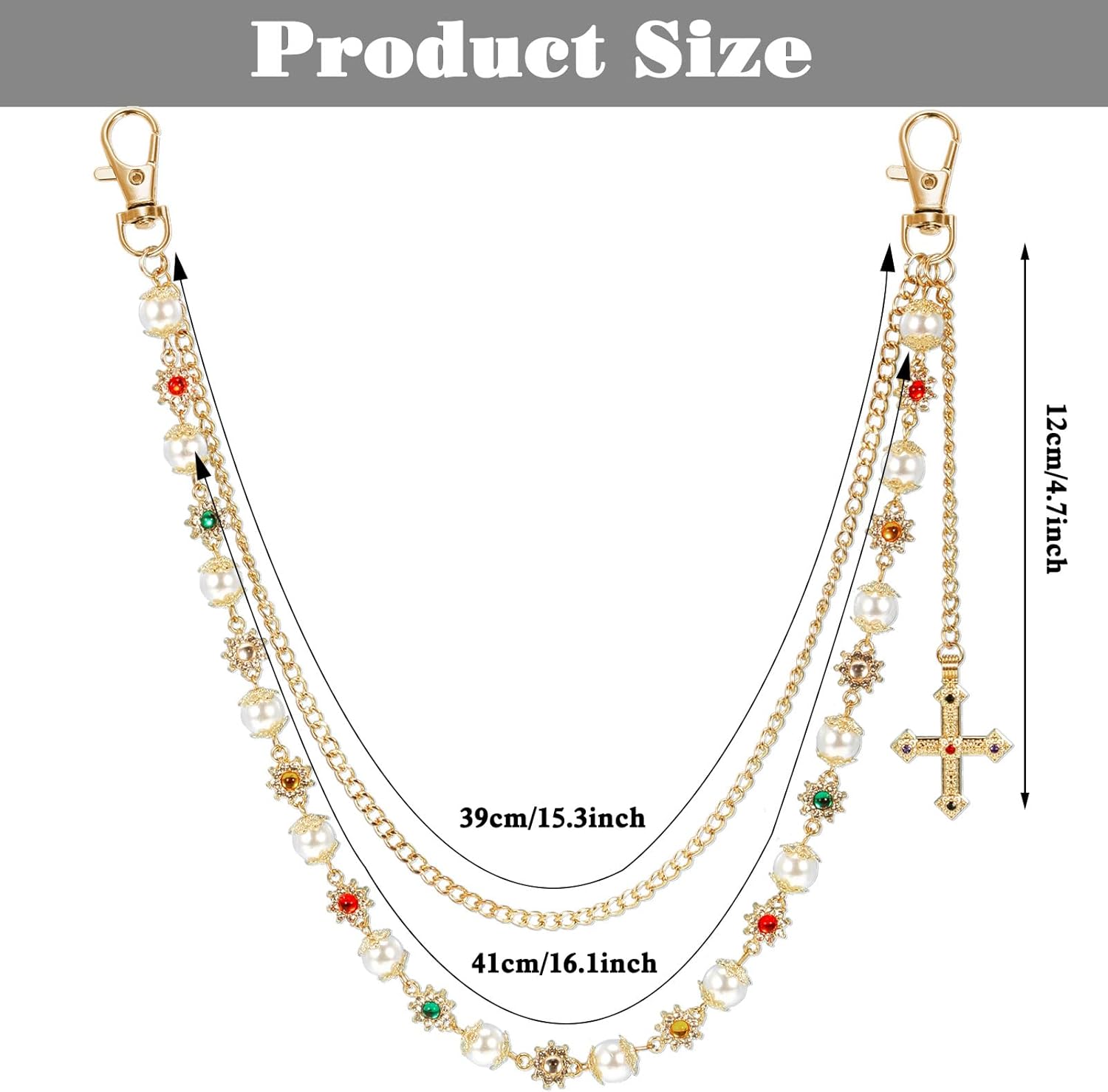PHOGARY Pants Chain Gold for Men&Women, Chains for Jeans Rhinestone Pearl Cross Wallet Chain Street wear Punk Accessories - Image 2