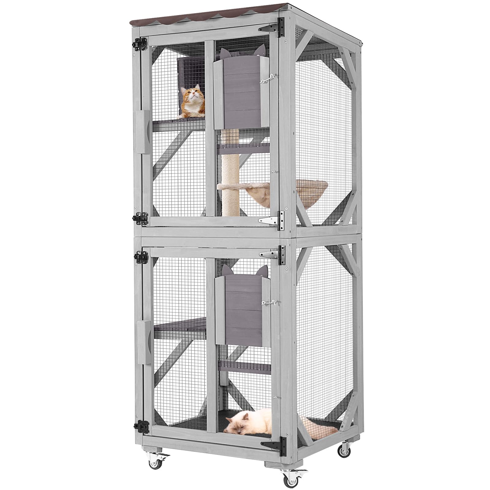 Aivituvin Catio Outdoor Cat Enclosure Wooden Cat Cage with Window Access Large Kitty House on Wheels 62.4’’ Indoor Patio