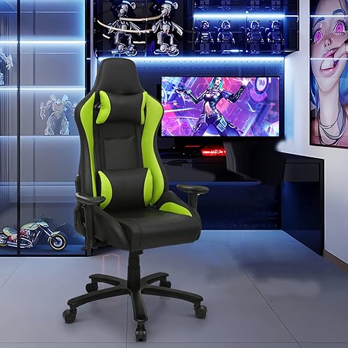 Miniatura 2 de Magshion Silla de juegos reclinable de 85 a 125 con respaldo alto verde con soporte lumbar, altura ajustable, fibra de carbono, piel sintética,