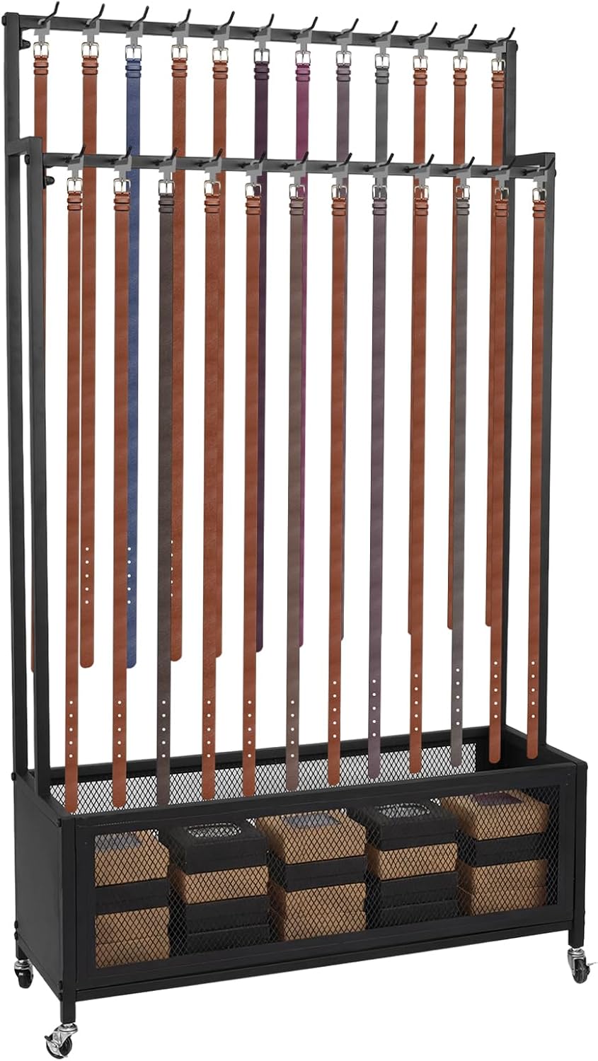 2-Tier Large Capacity Men Tie Display Stand Organizer with Wheels & Hooks Movable Tie Belt Holder Organizer for Clothing Store Bedroom Business