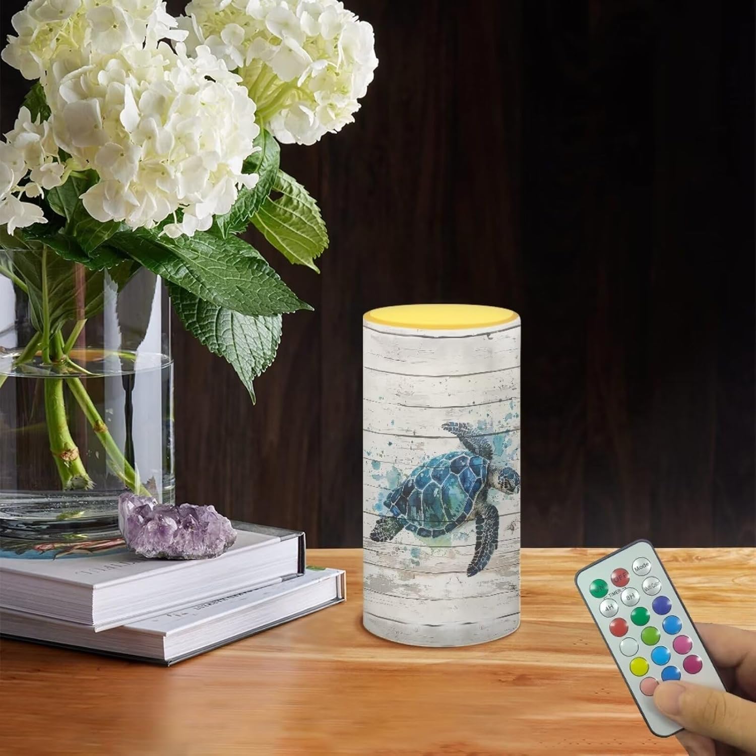 Poceacles Sea Turtle LED Flameless Candles Battery Operated with Remote Timer Realistic Electric Candle Pillar Lights Color Changing for Home Indoor Outdoor Decor, Sea Turtle White Wood Grain
